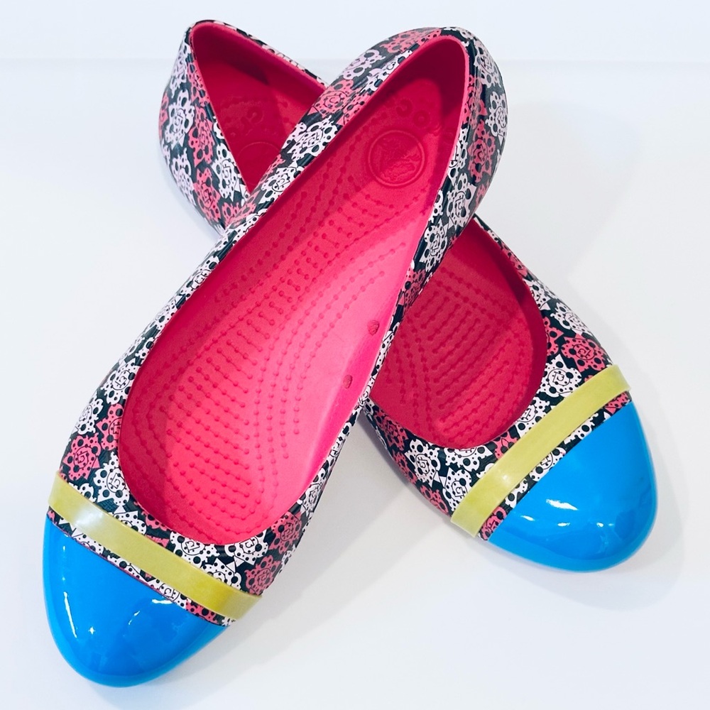 CROCS Women's Floral Flats with Blue and Pink Accents
